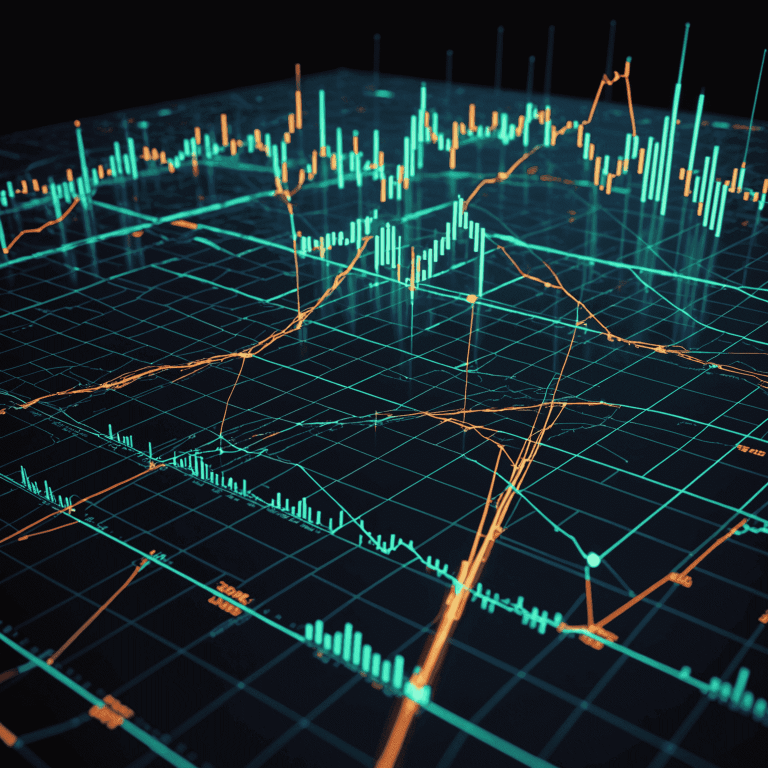 A futuristic visualization of AI algorithms analyzing financial market data, with glowing lines connecting various data points and stock charts