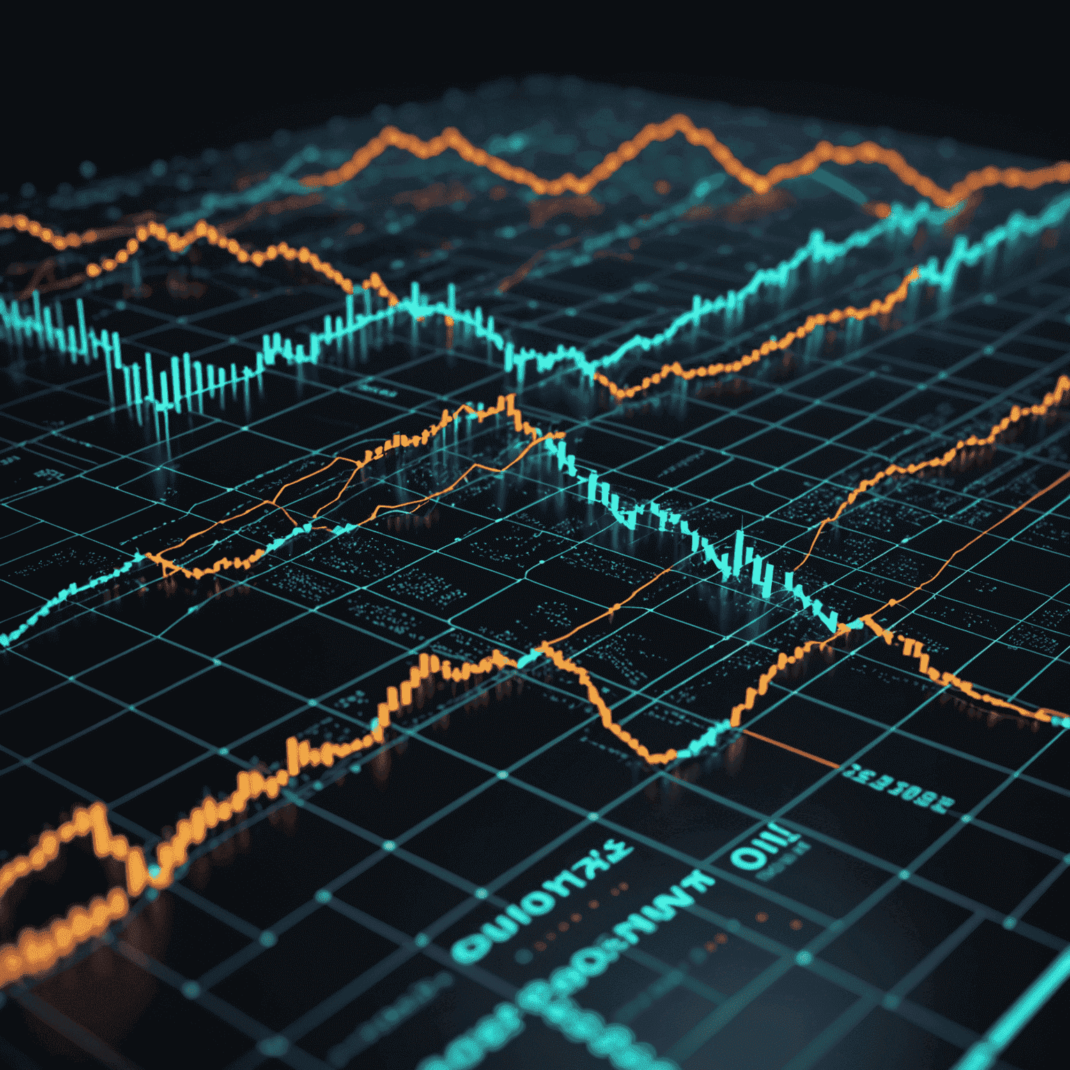 A futuristic visualization of machine learning algorithms analyzing stock market data, with glowing lines connecting various data points and charts