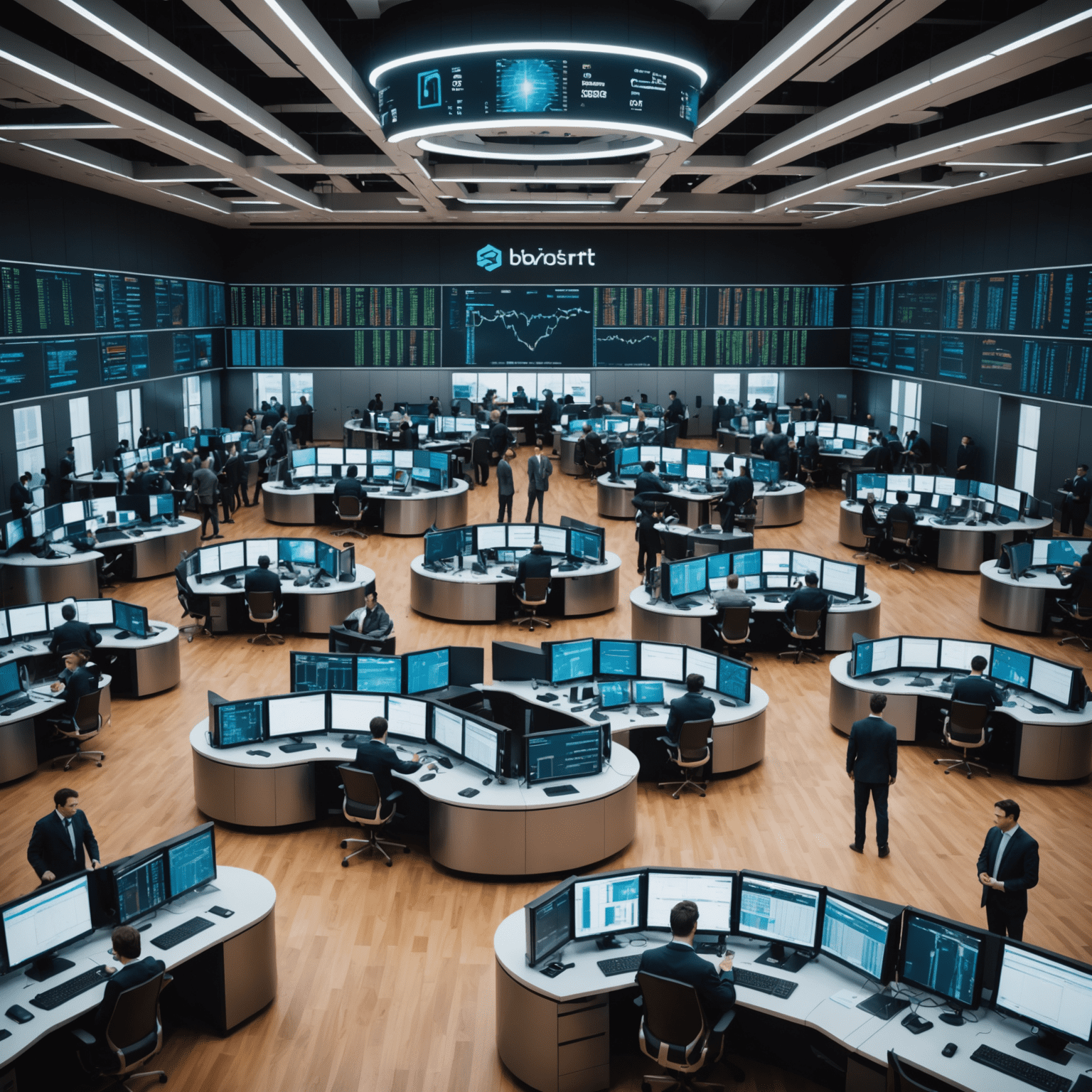 A futuristic trading floor with AI-powered screens and robots working alongside human traders, symbolizing the integration of AI in financial markets