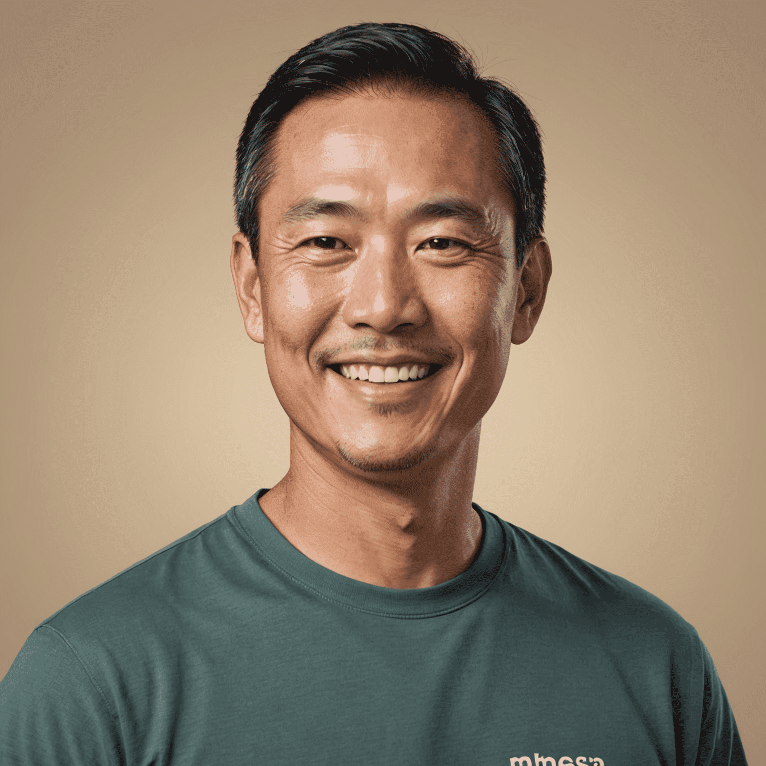 Portrait of Michael Tan, a middle-aged Asian man with a friendly smile, wearing a casual tech company style t-shirt