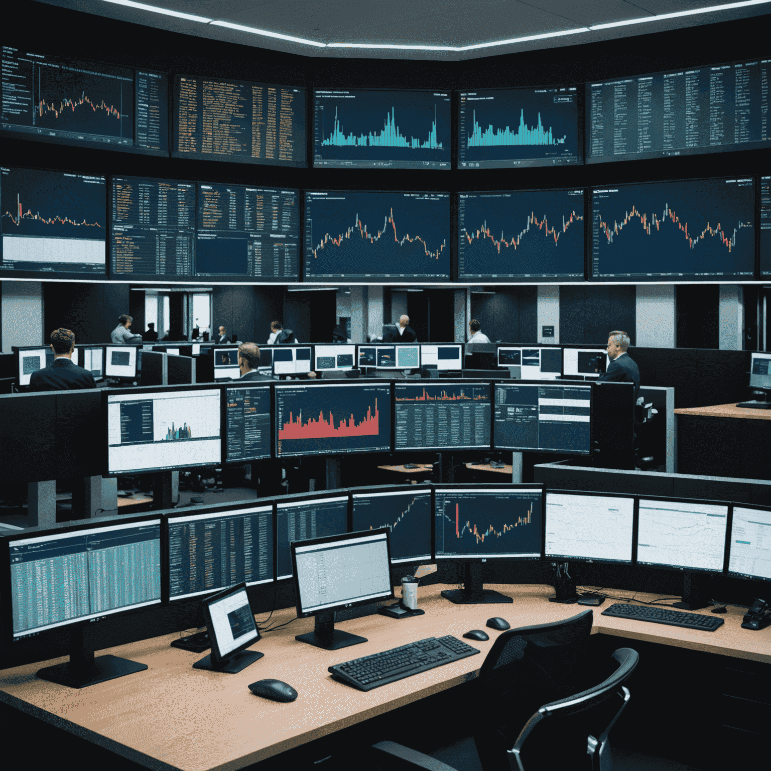 A split-screen image showing a traditional trading floor on one side and a modern AI-powered trading setup with multiple screens and data visualizations on the other