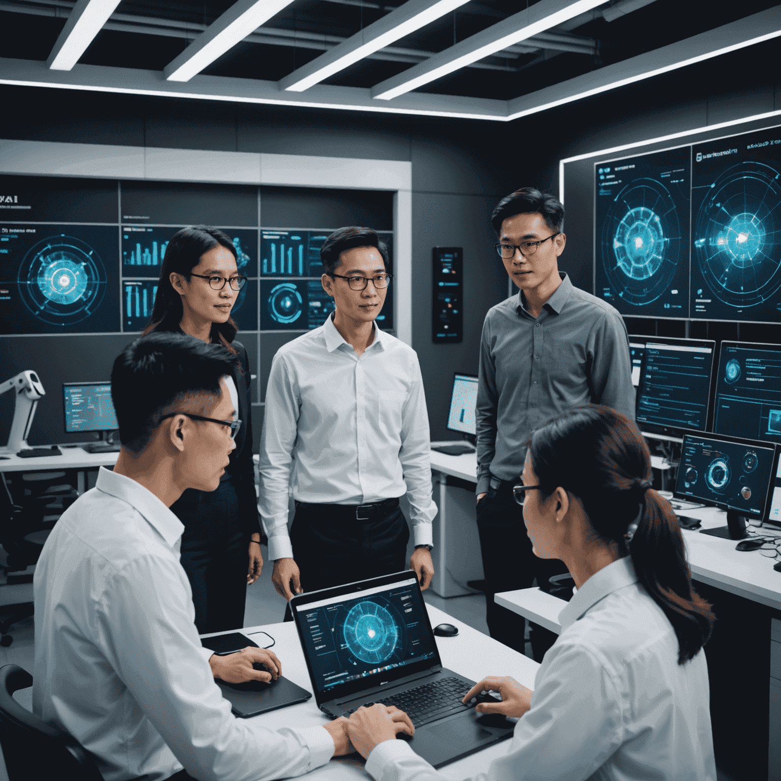 Diverse group of Singaporean AI researchers and financial experts collaborating in a high-tech laboratory with advanced computing equipment and holographic displays showing AI algorithms