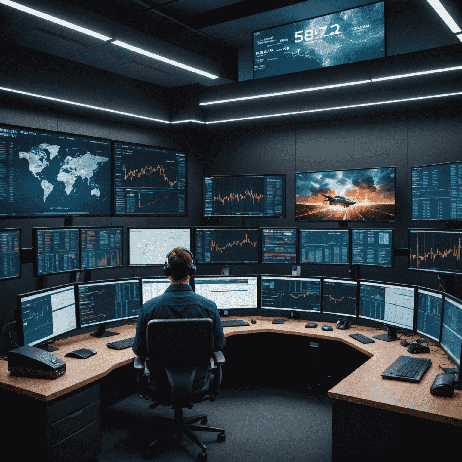 A high-tech trading room with multiple screens displaying real-time data streams and AI algorithms executing trades at lightning speed